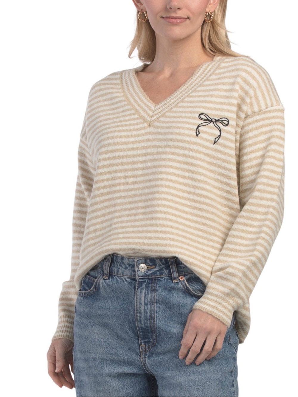 Wishlist v-neck sweater striped with embroidered bow